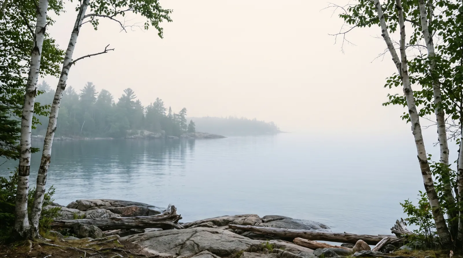 Illustrative morning shoreline with mist over quiet water and birch trees.
